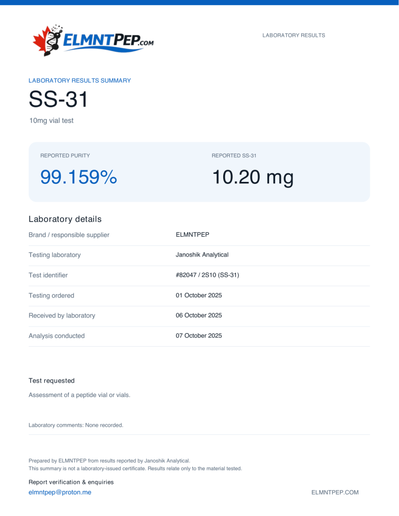ELMNTPEP SS-31 laboratory results summary. 2S10 Test. Reported purity: 99.159%; SS-31: 10.20 mg