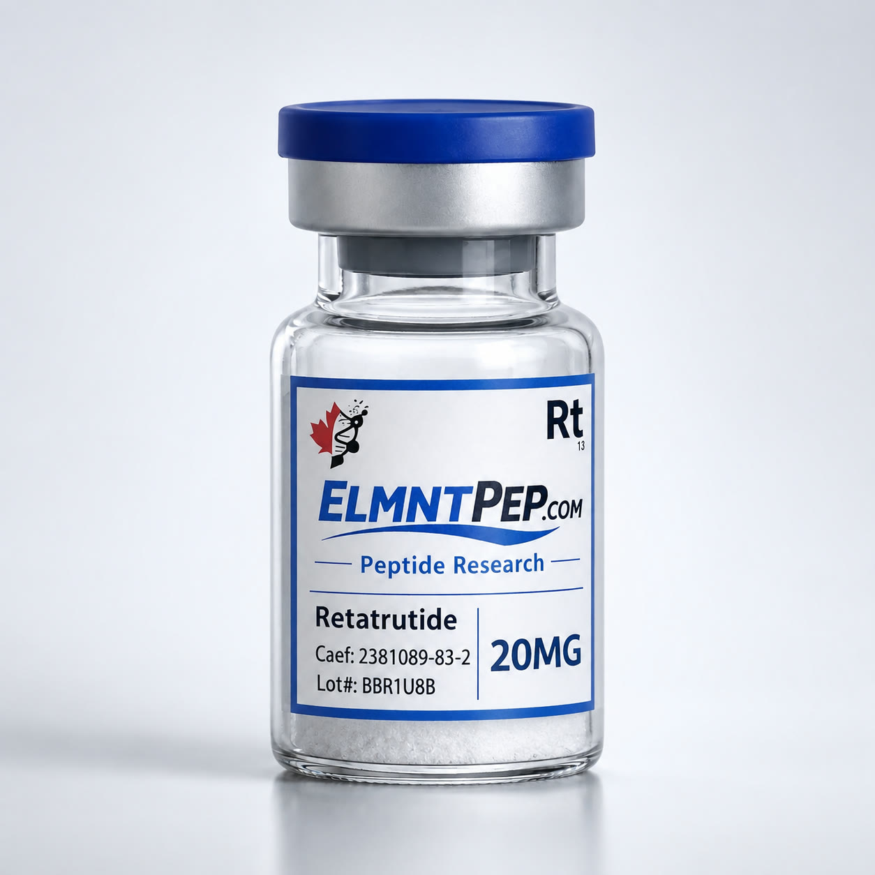 Retatrutide 20mg ELMNTPEP research vial in a premium square studio view
