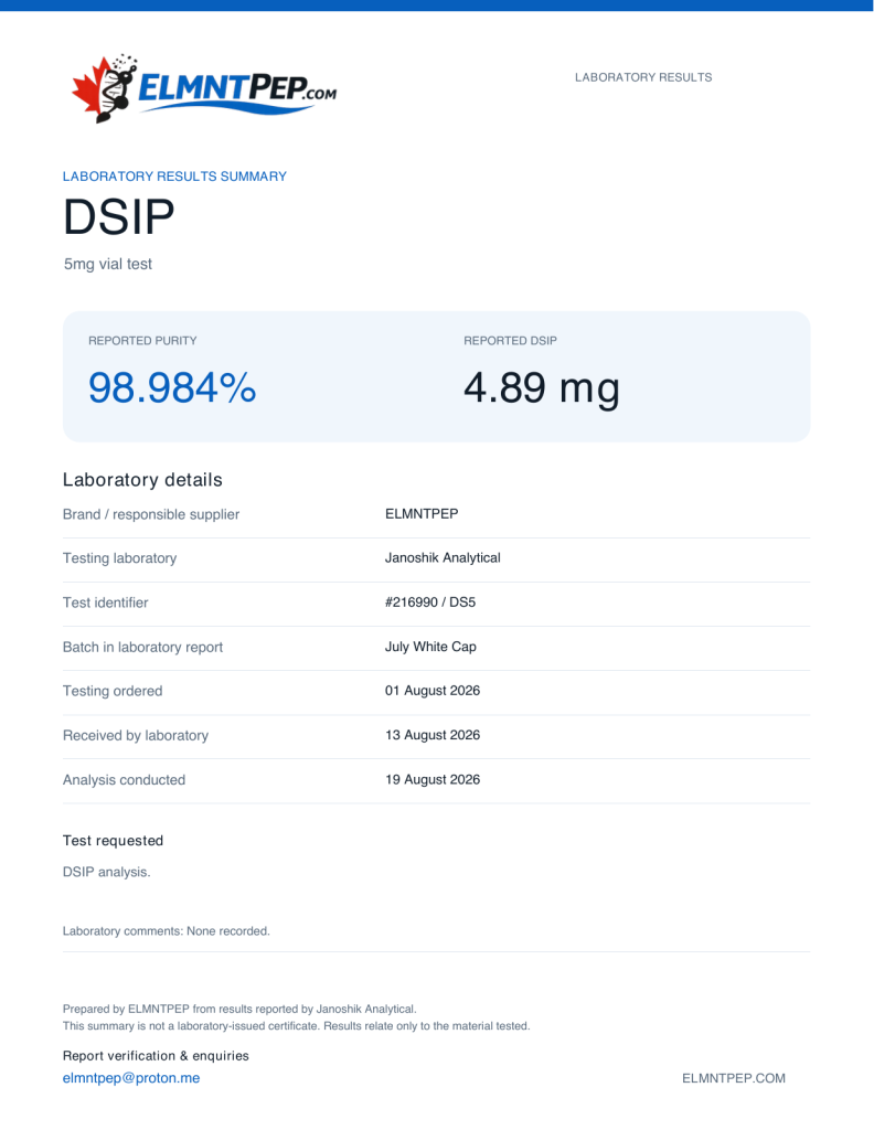 ELMNTPEP DSIP laboratory results summary. DS5 Test. Reported purity: 98.984%; DSIP: 4.89 mg