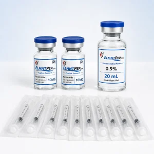 ELMNTPEP Retatrutide starter kit with two 10mg vials, ELMNTPEP bacteriostatic water 20mL, and ten packaged research syringes